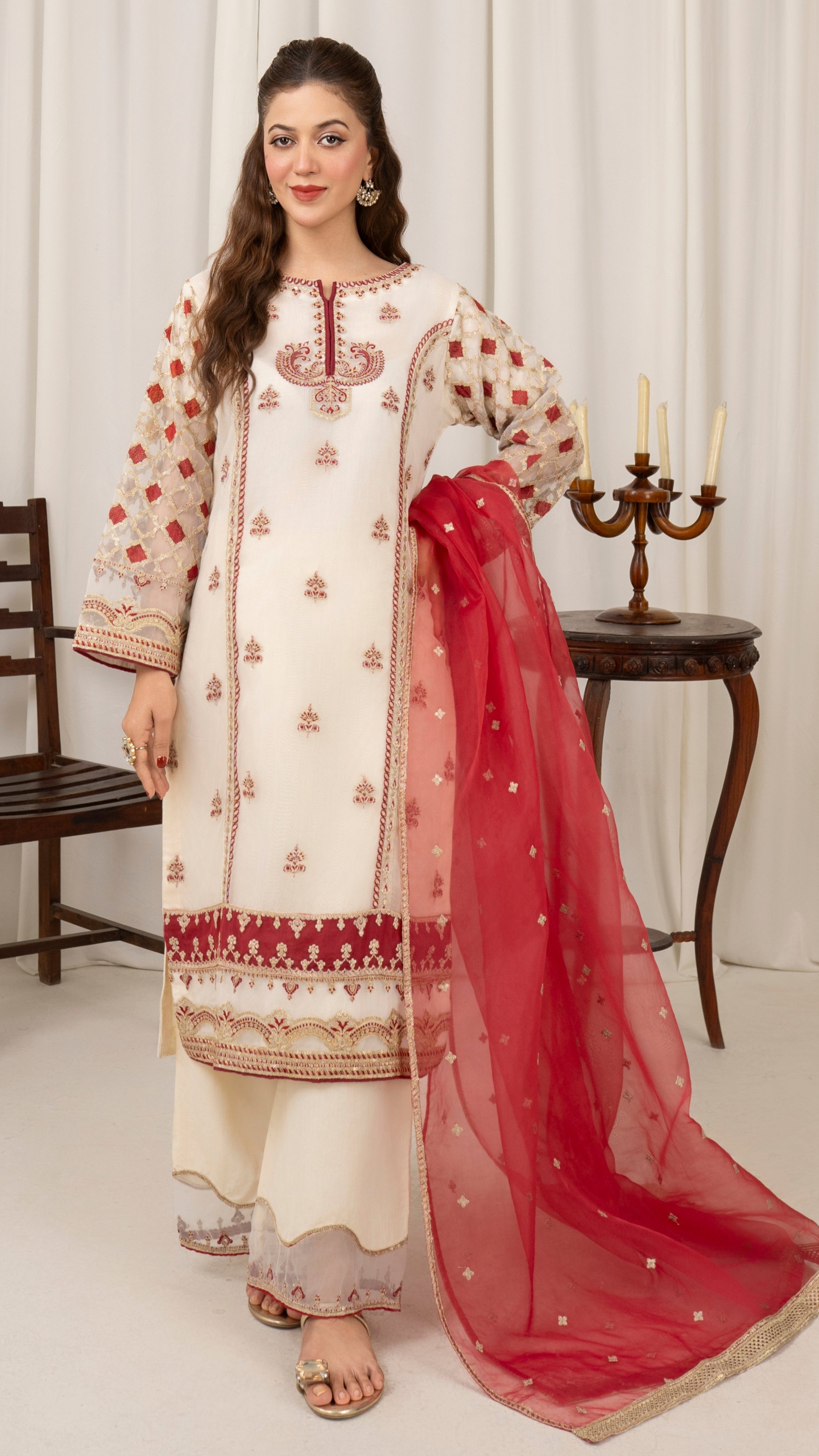 Ivory & Red Organza Suit