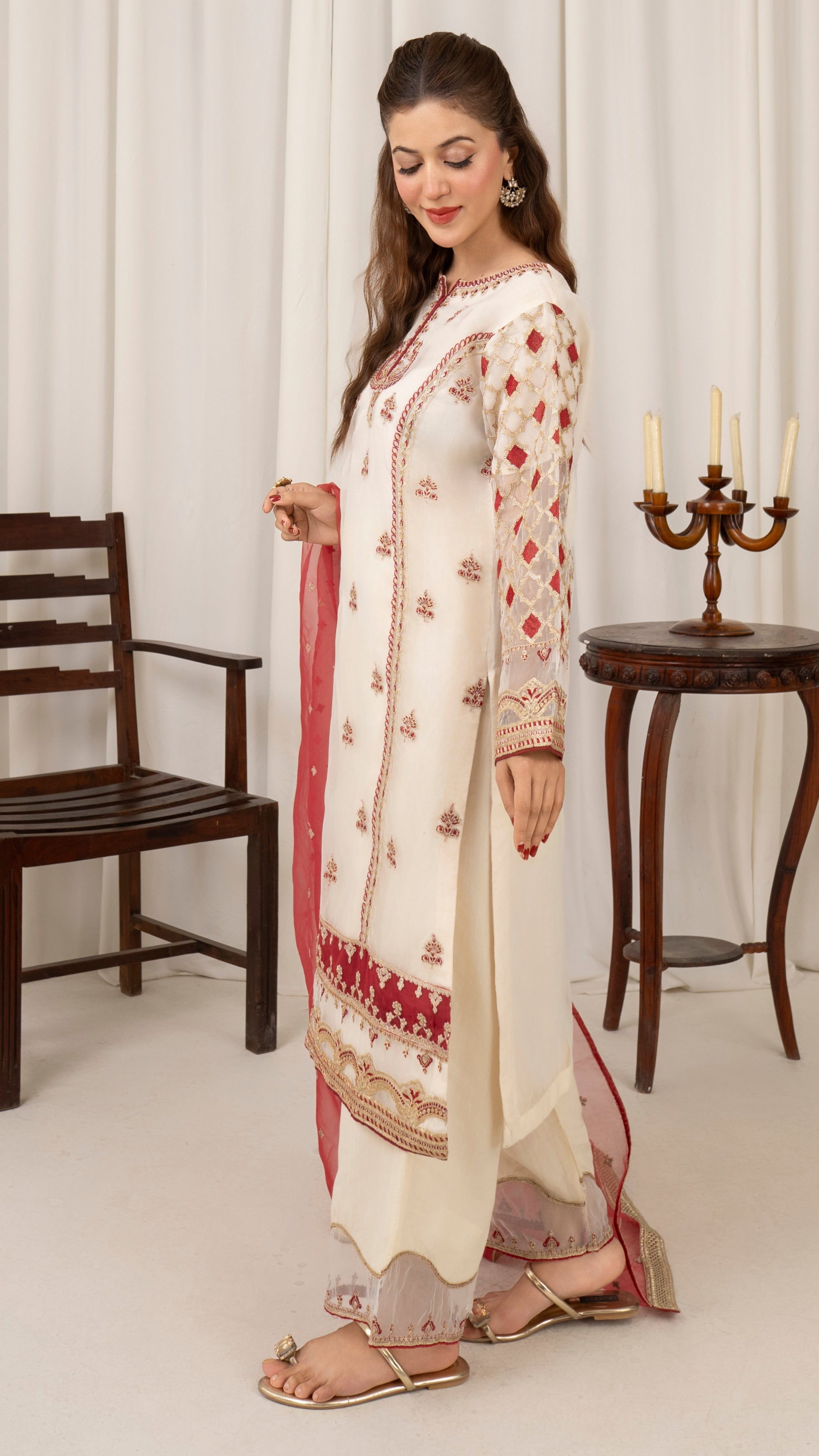 Ivory & Red Organza Suit