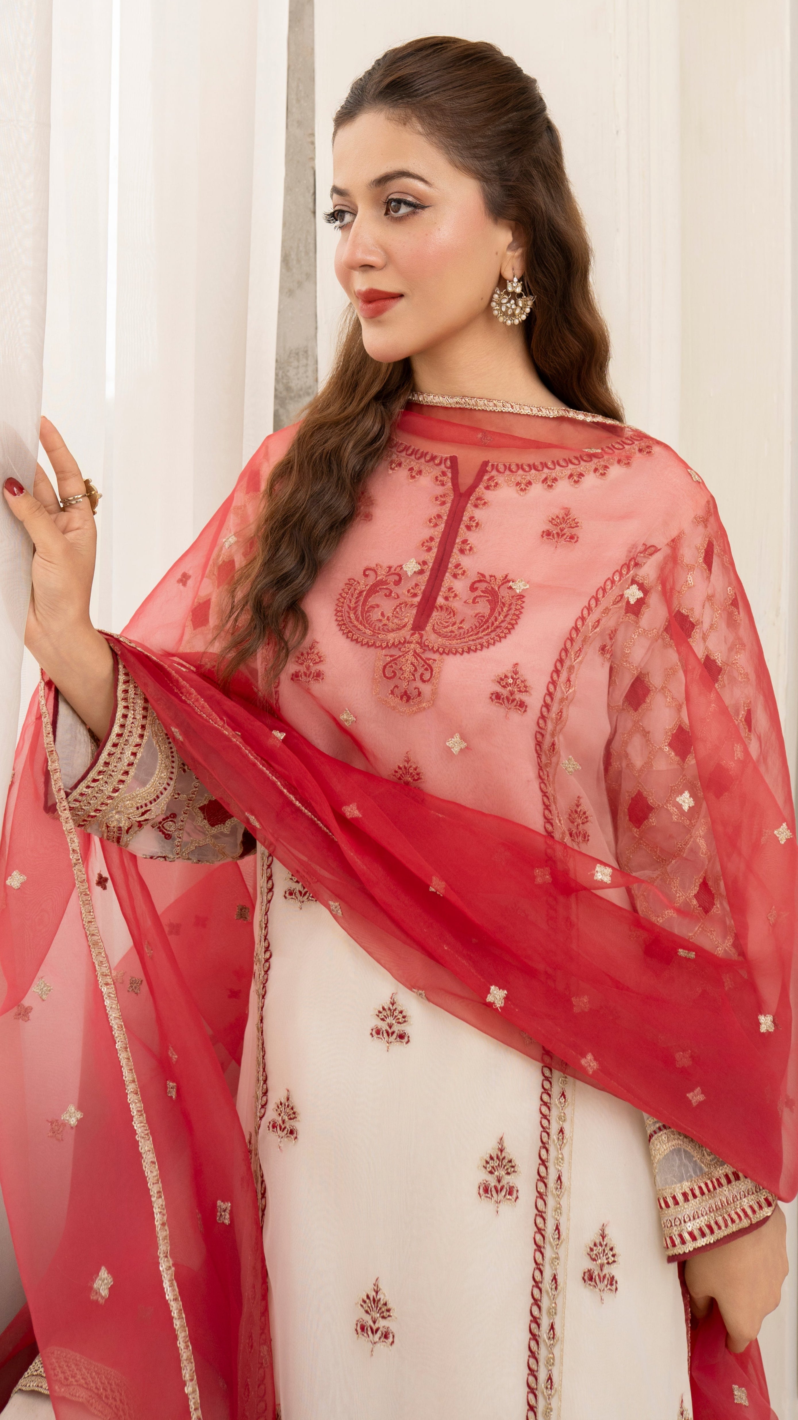 Ivory & Red Organza Suit